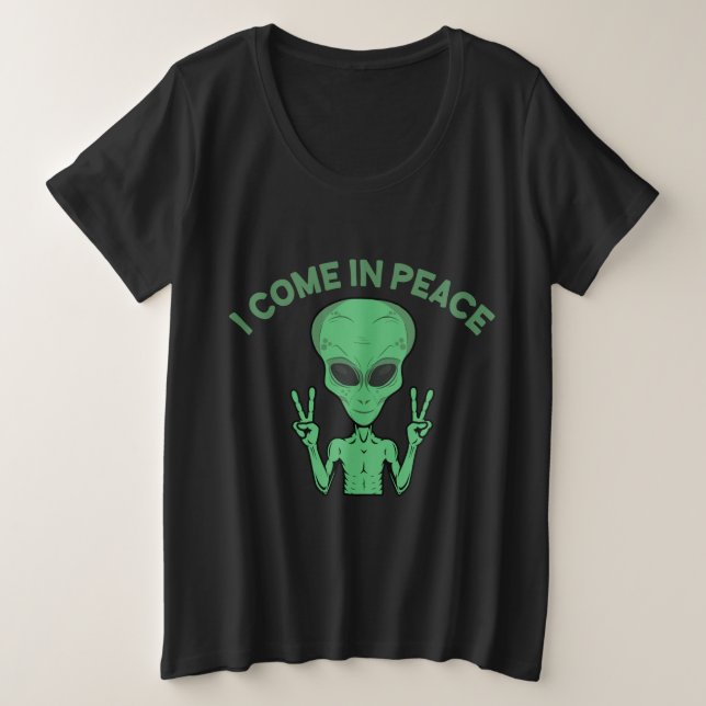 Camiseta Alienígena Verde Eu Vim Em Paz OVNI Extraterrestre (Frente do Design)