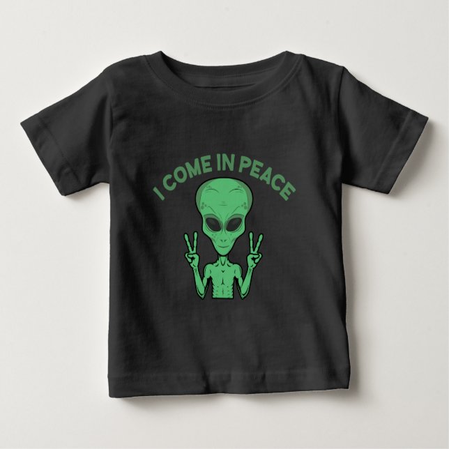 Camiseta Alienígena Verde Eu Vim Em Paz OVNI Extraterrestre (Frente)