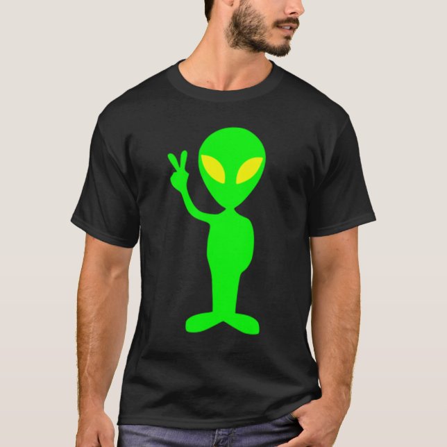 Camiseta alienígena verde limão dando sinal de paz (Frente)