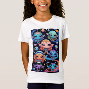 Camiseta Aliens de cores múltiplas pequenas no espaço