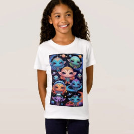 Camiseta Aliens de cores múltiplas pequenas no espaço