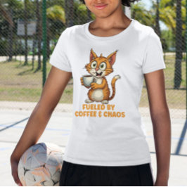 Camiseta Alimentado Por Café & Caos, Gato Engraçado Com Caf