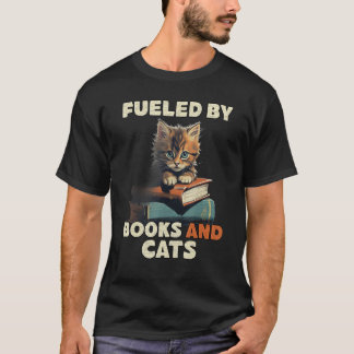 Camiseta Alimentado Por Livros E Gatos Amante Felino Leitur