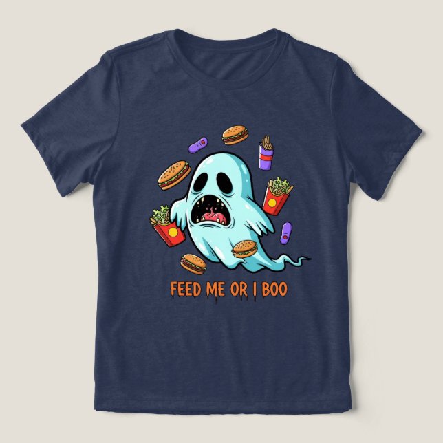 Camiseta Alimente-Me Ou Eu Boo Fantasma Halloween (Design frontal)