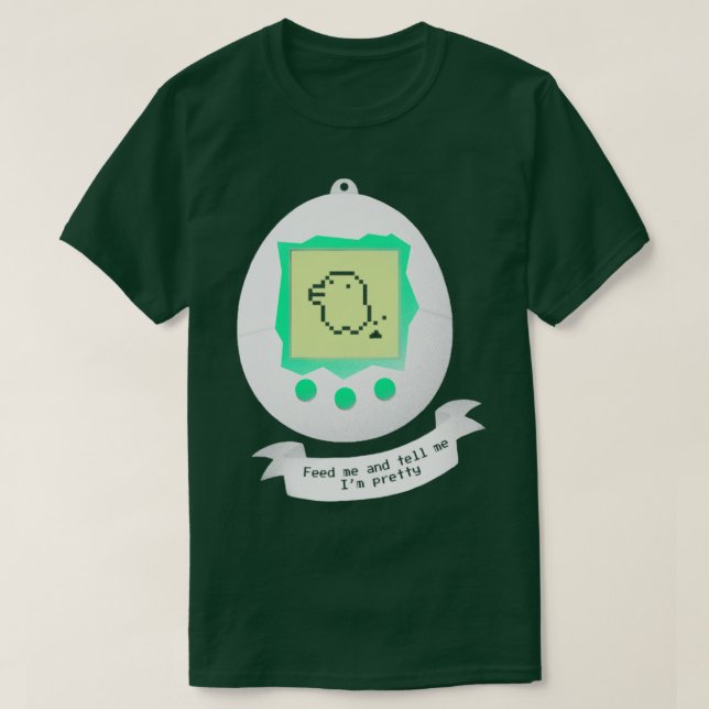 Camiseta Alimente-me Tamagotchi Criatura Virtual Pet Cute (Frente do Design)