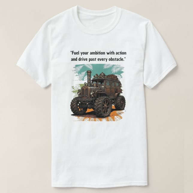 Camiseta "Alimente Sua Ambição" Veículo Vintage Steampunk (Frente do Design)