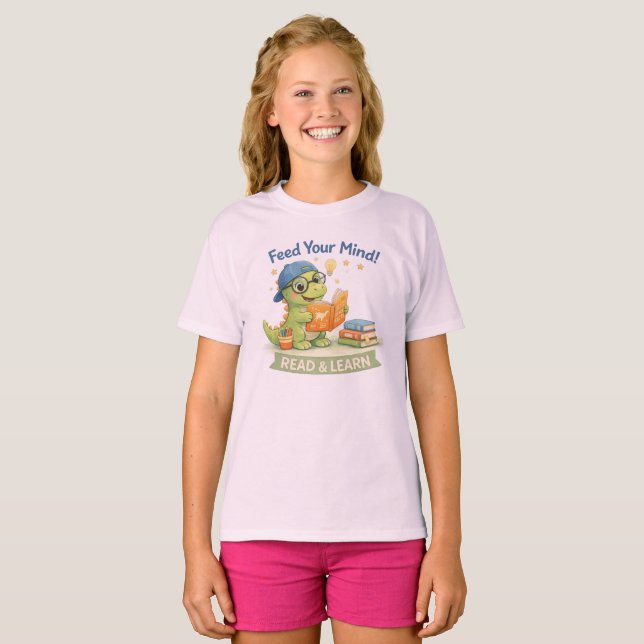 Camiseta Alimente Sua Mente – Leitura e Aprendizado de Dino (Frente Completa)