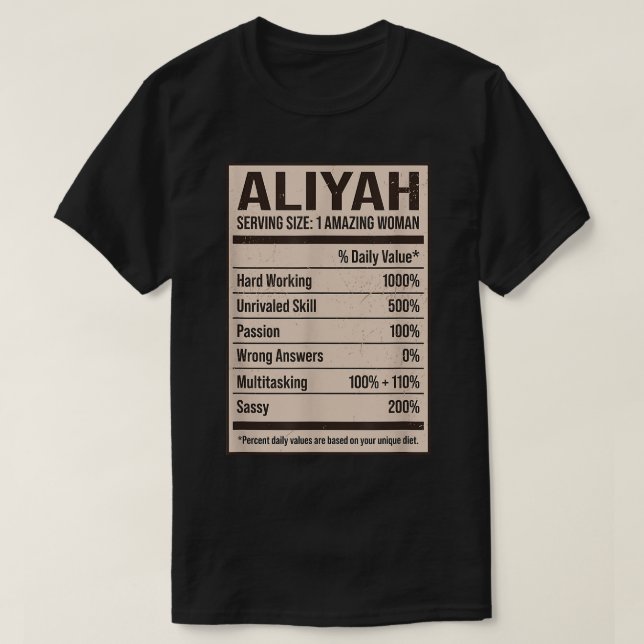 Camiseta Aliyah Nutrition Facts Name Apelido Alias Título F (Frente do Design)