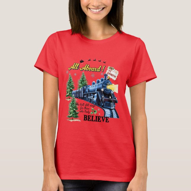 Camiseta All Aboard Christmas Train – Believe Holiday Steam (Frente)