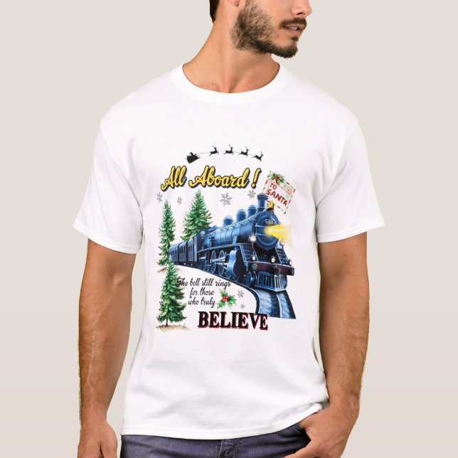 Camiseta All Aboard Christmas Train – Believe Holiday Steam (Frente)