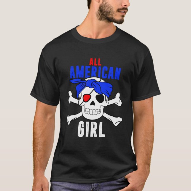 Camiseta All American Girl 4th of July Pirate Skull USA Fla (Frente)