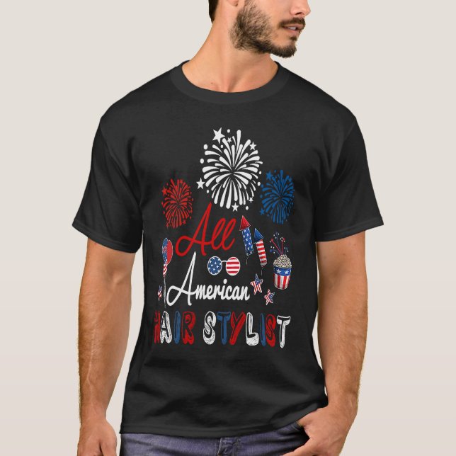 Camiseta All American Hair Stylist Proud American Flag Fire (Frente)