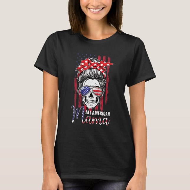 Camiseta All American Mama Mom Messy Bun Skull 4th Of July  (Frente)
