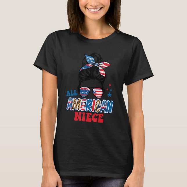 Camiseta All American Niece 4th Of July USA Flag Messy Bun  (Frente)