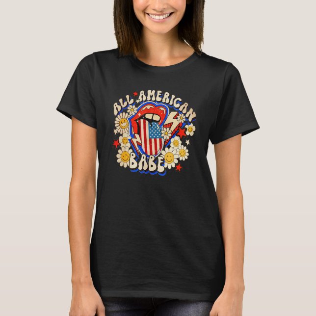 Camiseta All American Retro Flower Babe 4th Of July USA Lip (Frente)