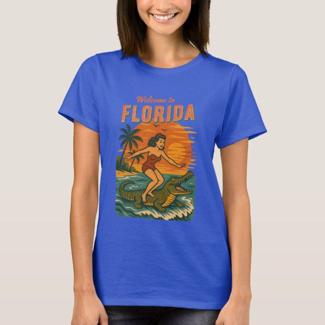 Camiseta Alligator Surfing Beach Pin-up Retro Coastal Life (Frente)