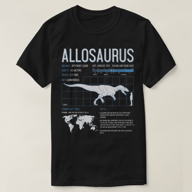 Camiseta Allosaurus Dinosaur Fatos T Shirt Mens Mulheres Cr (Frente do Design)