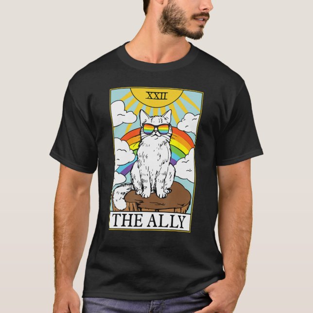 Camiseta Ally Cat Gay Pride Pride Sunglasses Cat Tarot Card (Frente)