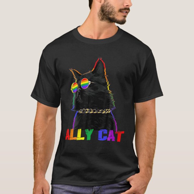 Camiseta Ally Cat Glass LGBT Orgulho gay Ally Flag Rainbow (Frente)