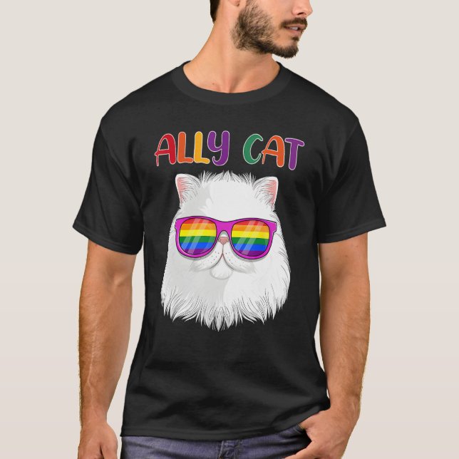 Camiseta Ally Cat LGBT Gay Rainbow Pride Flag  Cat  3 (Frente)