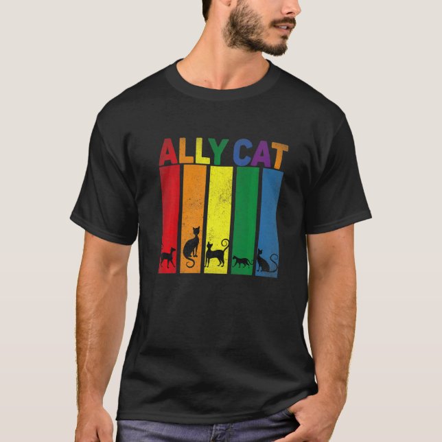 Camiseta Ally Cat Lgbt Gay Rainbow Prim Flag Ally Cat Lgb (Frente)