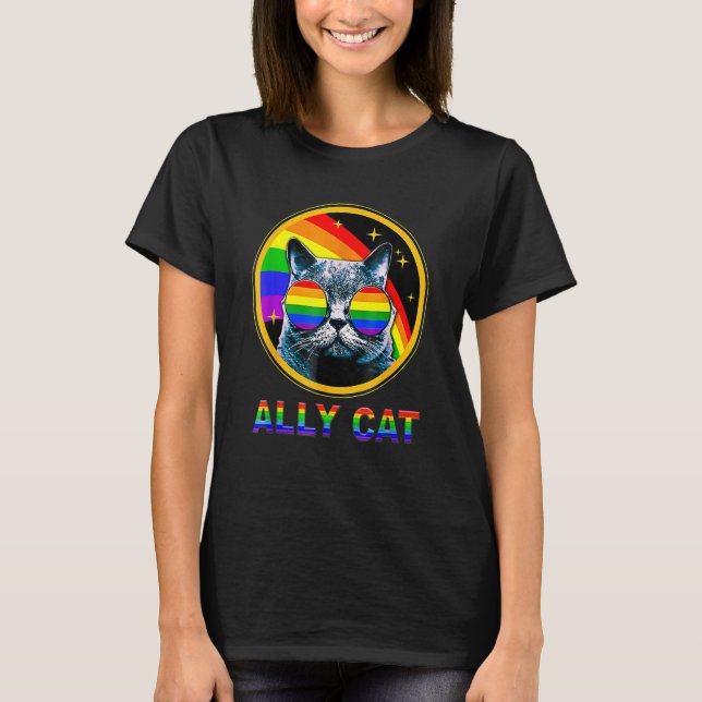 Camiseta Ally Cat LGBT Pride Month Cat With Ally Pride Rain (Frente)