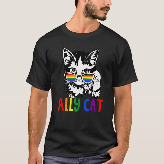 Camiseta Ally Cat Lgbt Sinalizador Orgulho gay Ally Rainbow (Frente)