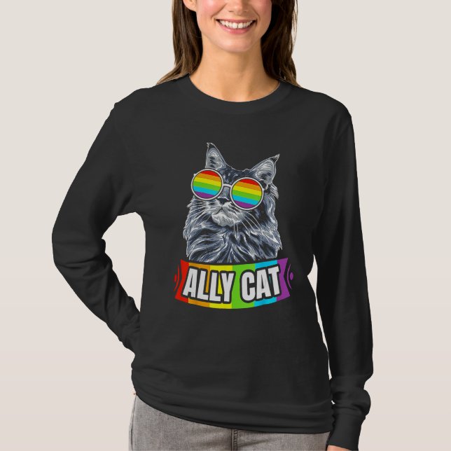 Camiseta Ally Cat Rainbow LGBT LGBTQ Lesbian Gay Trans Prid (Frente)