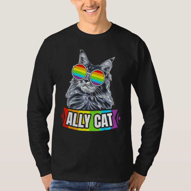 Camiseta Ally Cat Rainbow LGBT LGBTQ Lesbian Gay Trans Prid (Frente)