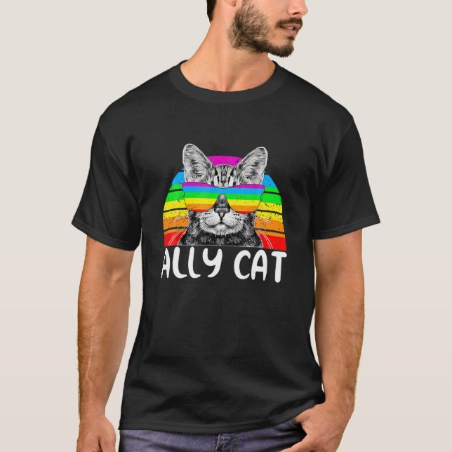 Camiseta Ally Cat Rainbow Óculos suntuários LGBT Gatinhos O (Frente)