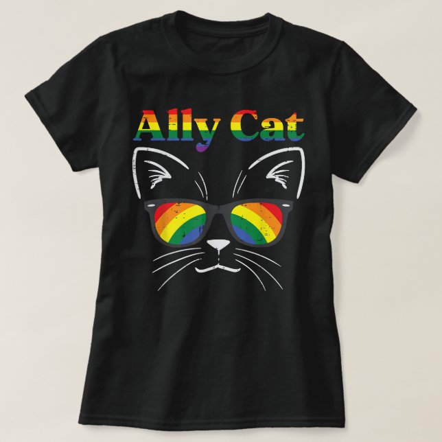 Camiseta Ally Cat Sunglass Gay Rainbow Pride LGBT Suporte (Frente do Design)