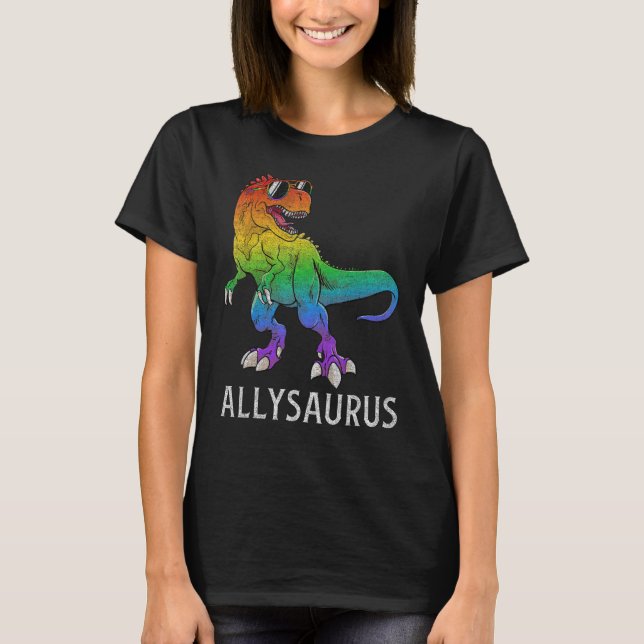 Camiseta Allysaurus Dinosaur In Rainbow Flag Ally LGBT Gay  (Frente)