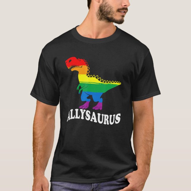 Camiseta Allysaurus Dinosaur Na Bandeira Do Arco-Íris Para  (Frente)