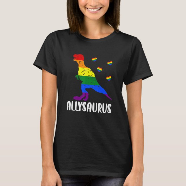 Camiseta Allysaurus Dinossauro Na Bandeira do Arco-Íris Par (Frente)