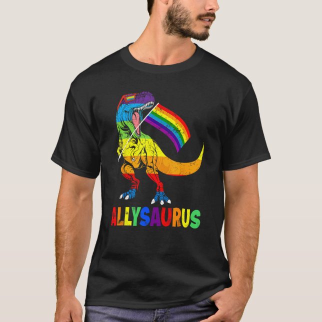 Camiseta Allysaurus LGBT Shirt Dinosaur Rainbow Flag Ally L (Frente)