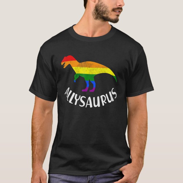 Camiseta Allysaurus LGBTQ Pride Rainbow Flag Dinossaur para (Frente)