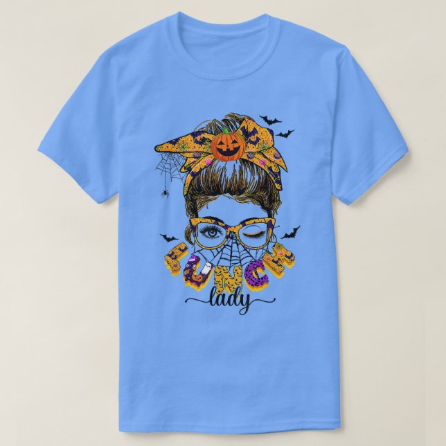 Camiseta Almoço de Halloween Lady Messy Bun Spooky Almoço (Frente do Design)