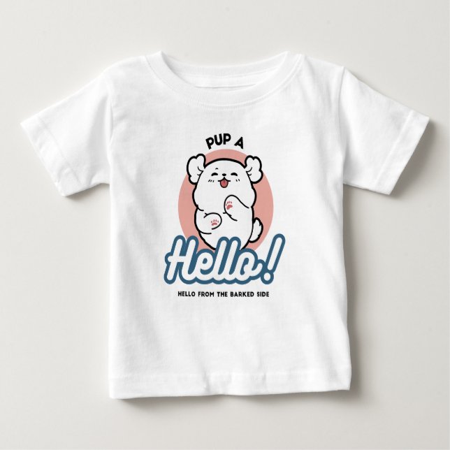 Camiseta Alô! - Design de Cartoon Feliz de Cachorro Branco (Frente)