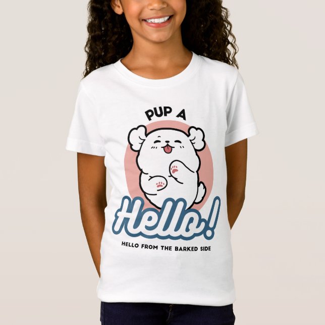 Camiseta Alô! - Design de Cartoon Feliz de Cachorro Branco (Frente)
