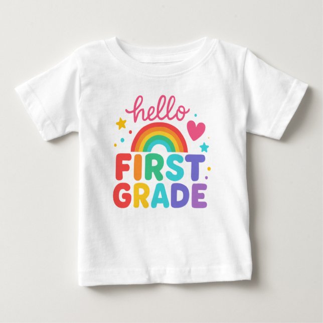 Camiseta Alô, primeiro ano do arco-íris, de volta à escola (Frente)