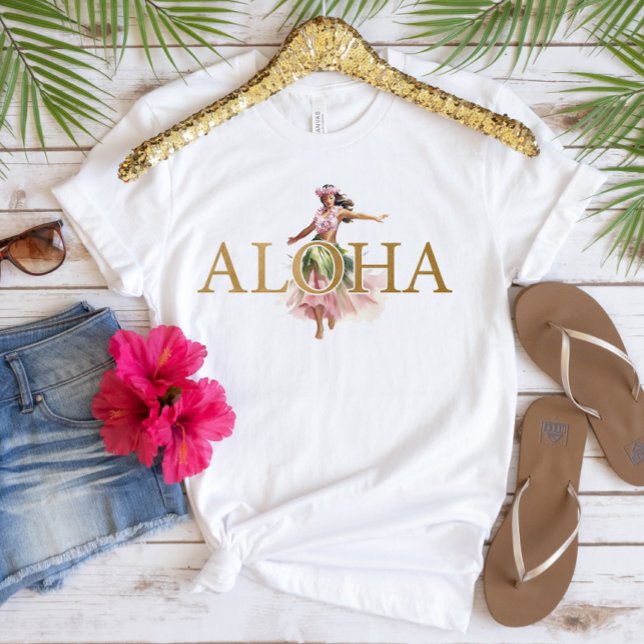 Camiseta Aloha Dancer de Hula em Aquarela Dourada  (Criador carregado)