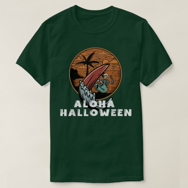 Camiseta Aloha Halloween Skeleton surfando no Hallowee Hava (Frente do Design)
