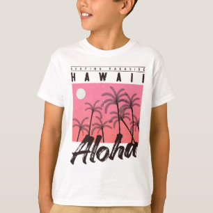 Camiseta Aloha Havaí Palmeira Retro Pôr do Sol Praia Garota