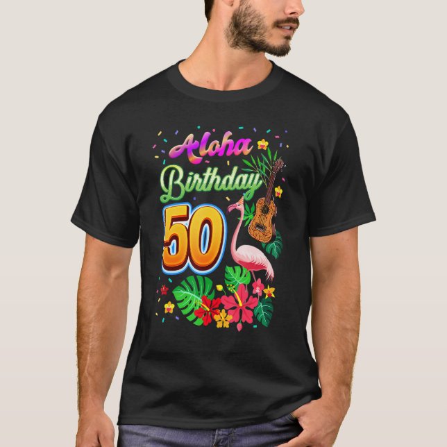 Camiseta Aloha Hawaii 50 anos Aniversário 50 Bday Flamin (Frente)