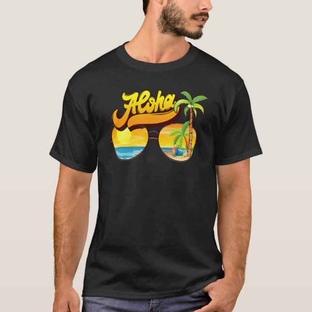 Camiseta Aloha Hawaii Ilha Havaiana Óculos de Sol Palmeiras (Frente)