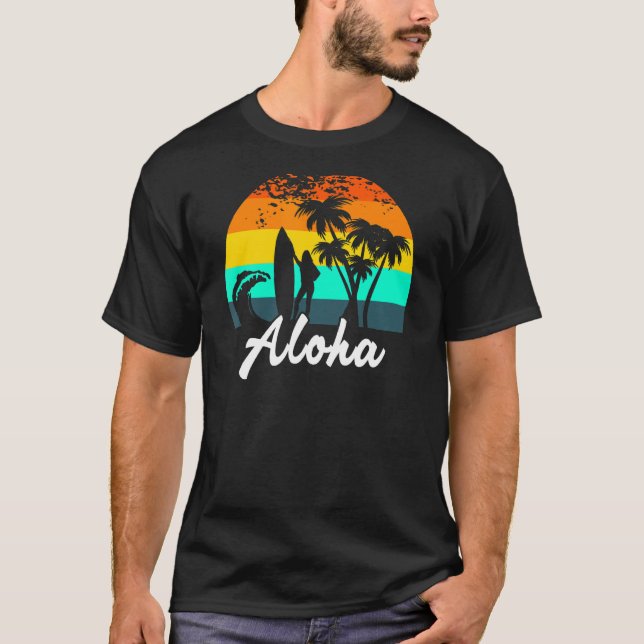 Camiseta Aloha Hawaii Island Palm Beach Surfboard (Frente)