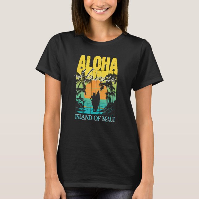 Camiseta Aloha Hawaiian Island Maui Surfer Sunset Palm Tree (Frente)