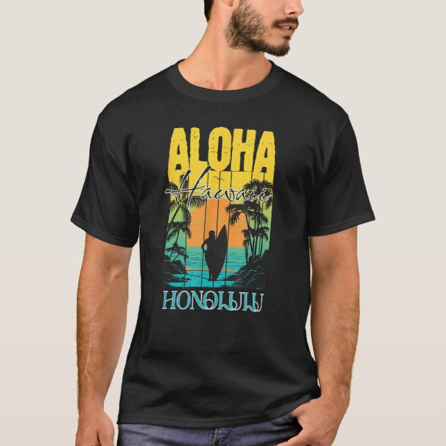 Camiseta Aloha Honolulu Oahu Havaí Surfer Sunset Waikiki B (Frente)