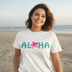 Camiseta Aloha Plumeria Floral Rosa Tipografia Turquesa
