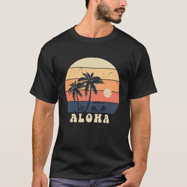 Camiseta Aloha Surfing Hawaiian Vacation Sunset Palm Tree T (Frente)